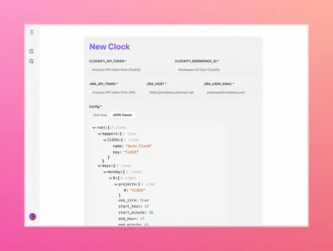 The Auto Clock interface showing Jira and Clockify credentials alongside a visual JSON schedule.