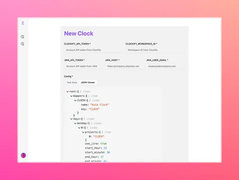 The Auto Clock interface showing Jira and Clockify credentials alongside a visual JSON schedule.