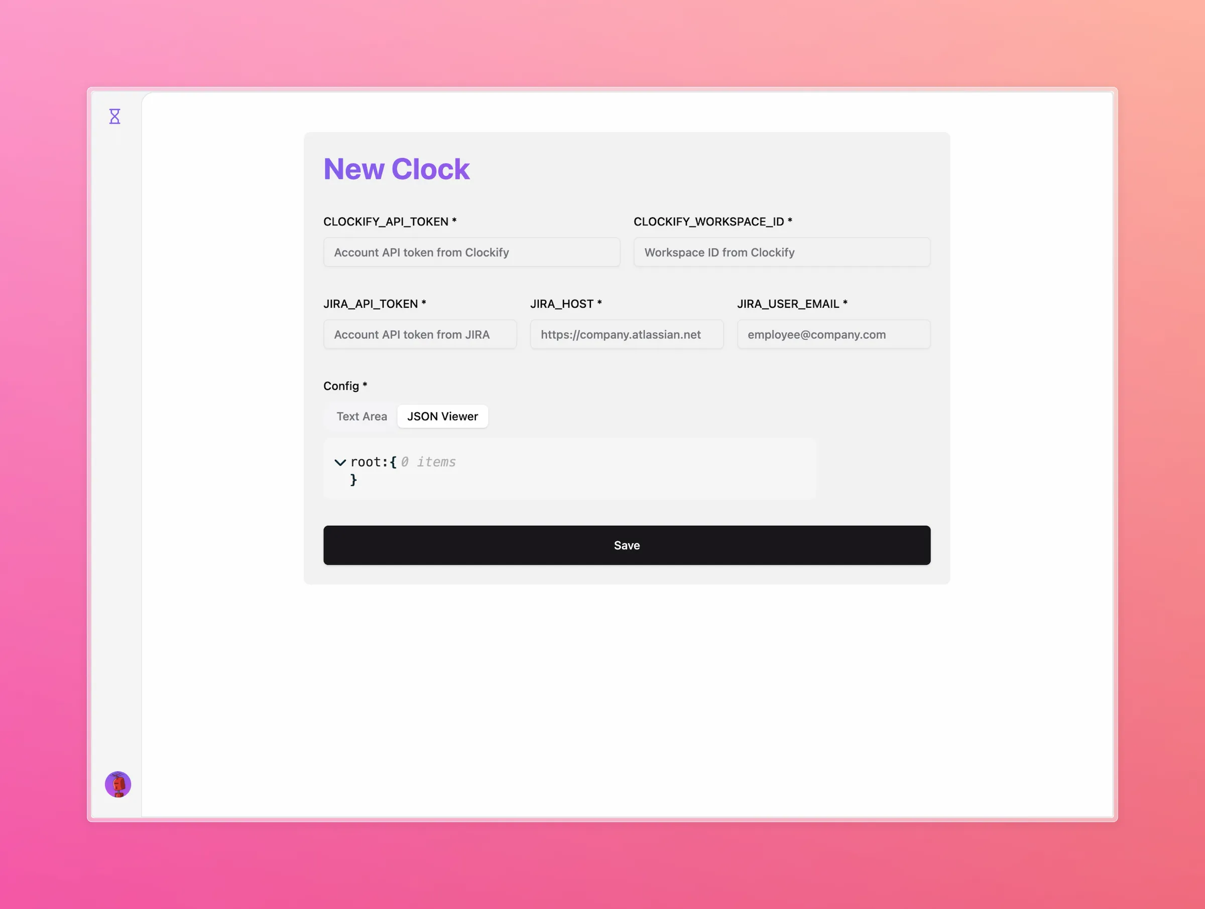 The empty New Clock form with Clockify and Jira credential fields and a JSON configuration editor.