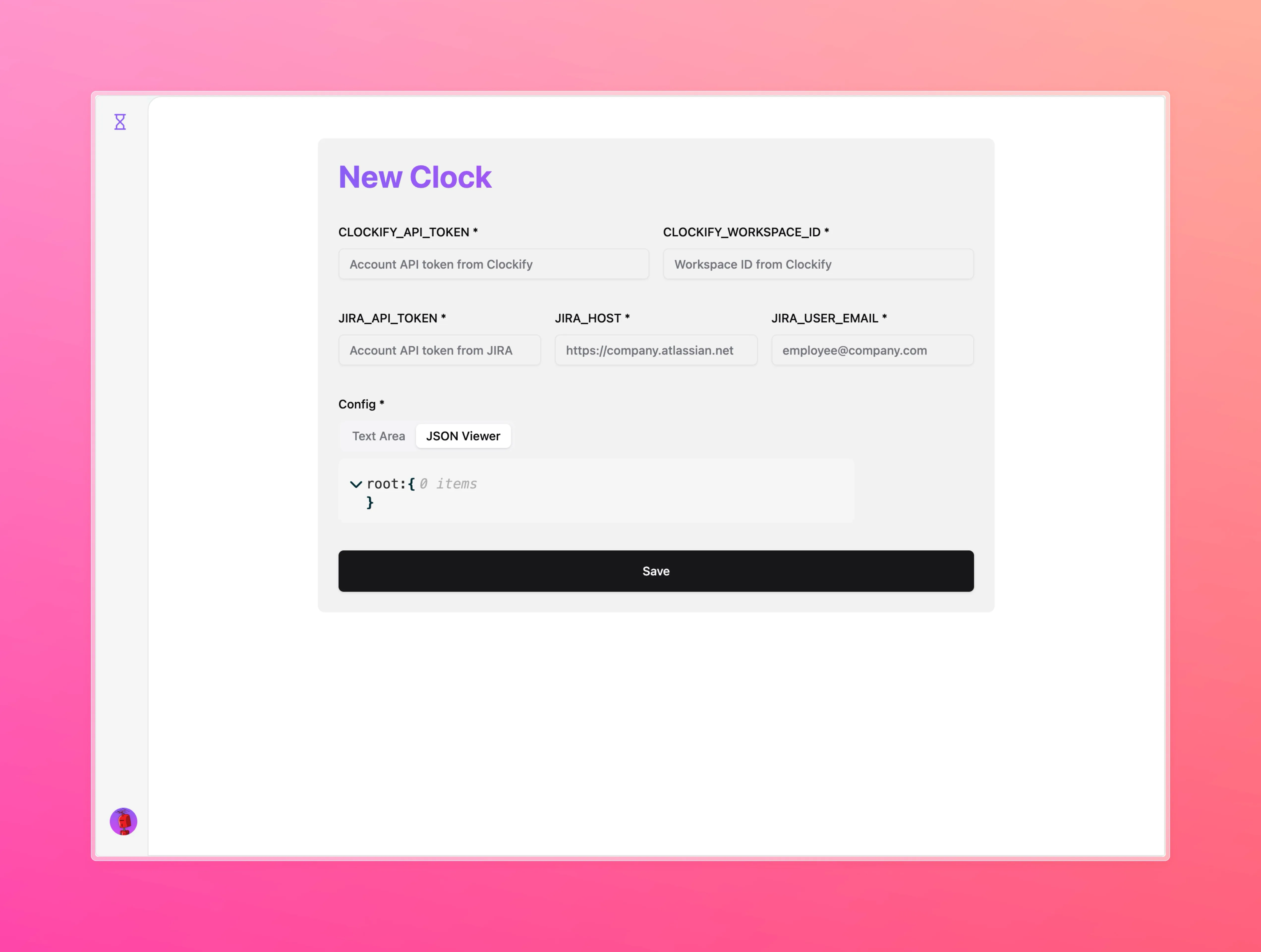The empty New Clock form with Clockify and Jira credential fields and a JSON configuration editor.