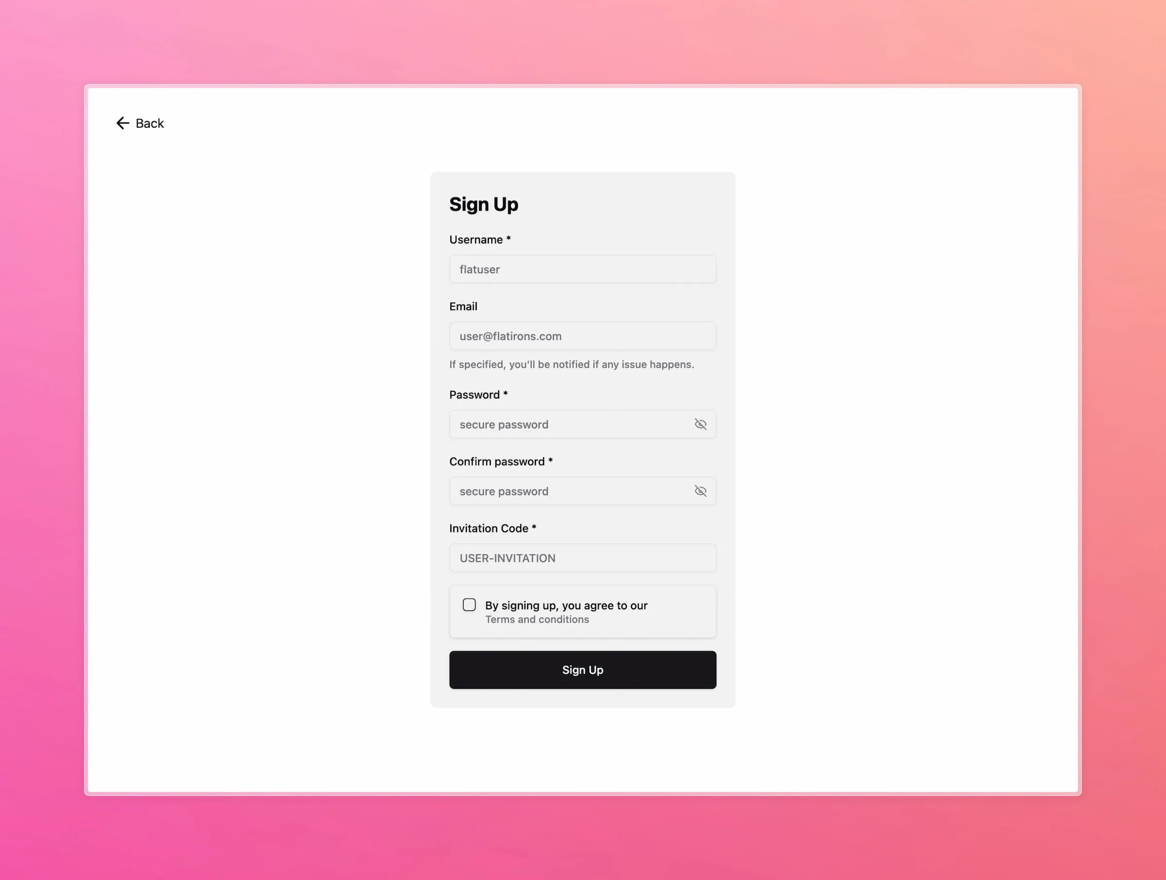 Auto Clock signup form with username, email, password, confirmation, and invitation-code fields.