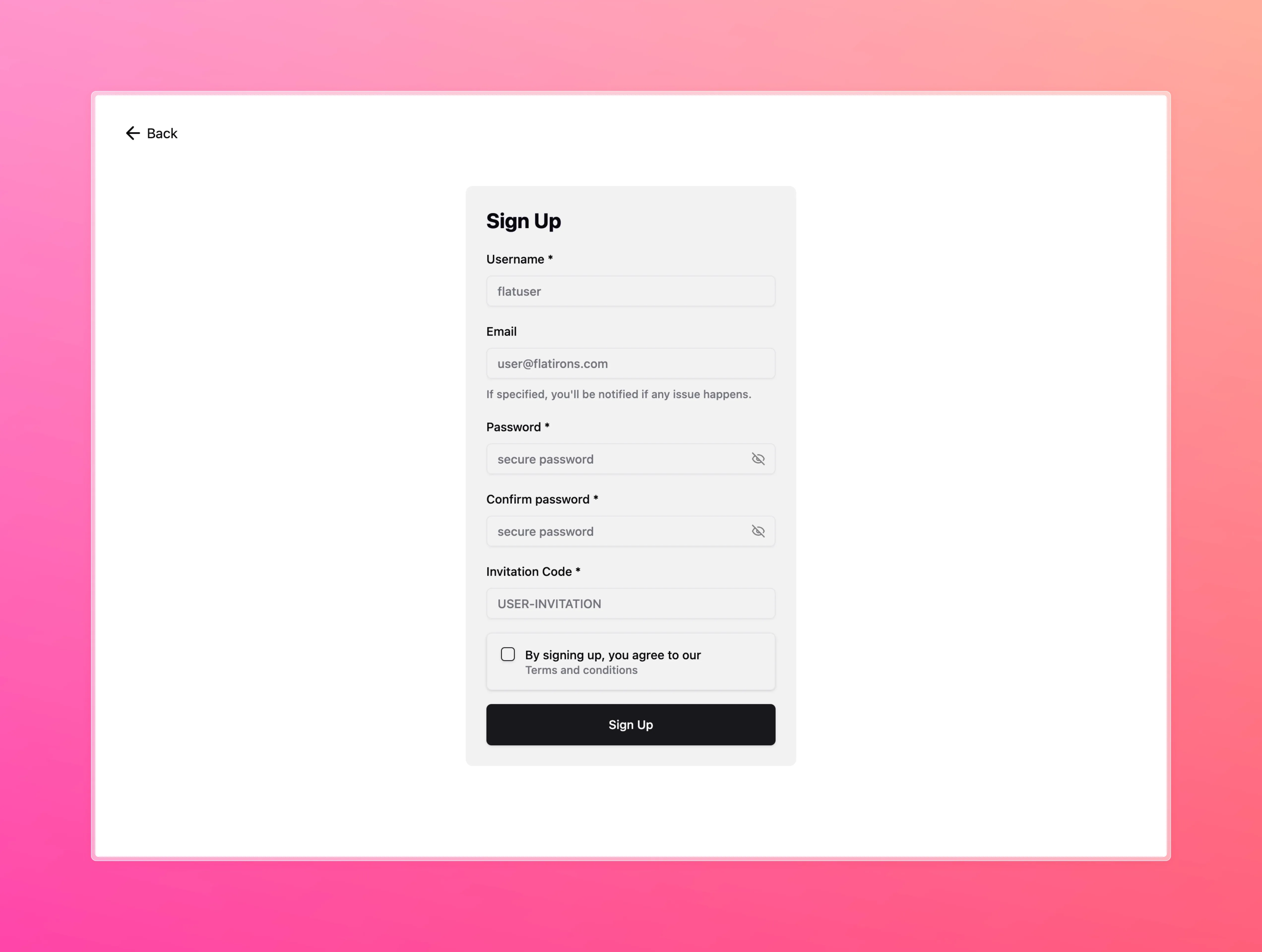 Auto Clock signup form with username, email, password, confirmation, and invitation-code fields.