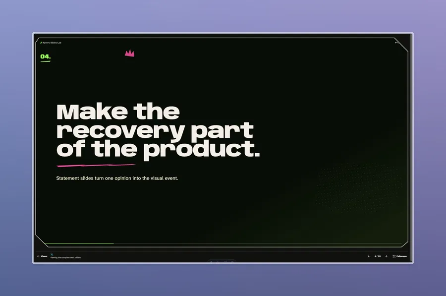 The Kyonru Slides offline viewer showing a bold statement slide inside the presentation frame.