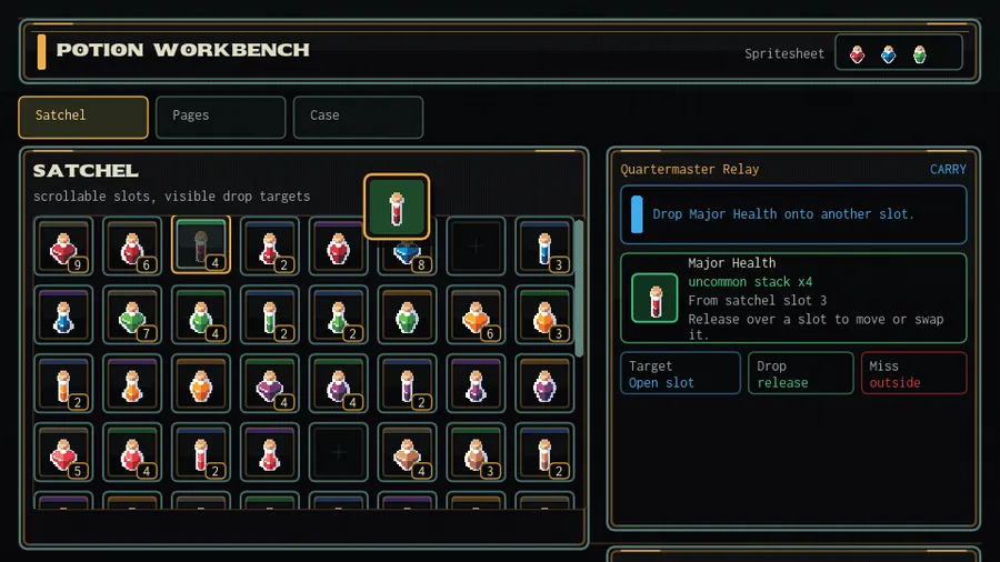 The glyph.lua inventory example showing a potion workbench with draggable item slots and game-styled panels.