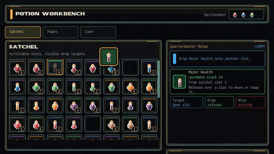 The glyph.lua inventory example showing a potion workbench with draggable item slots and game-styled panels.