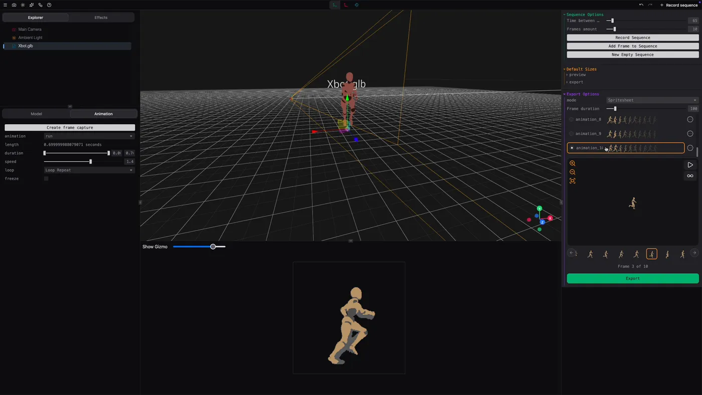 Sprite Sheet Helper displaying a 3D animated model, captured sprite frames and export controls.