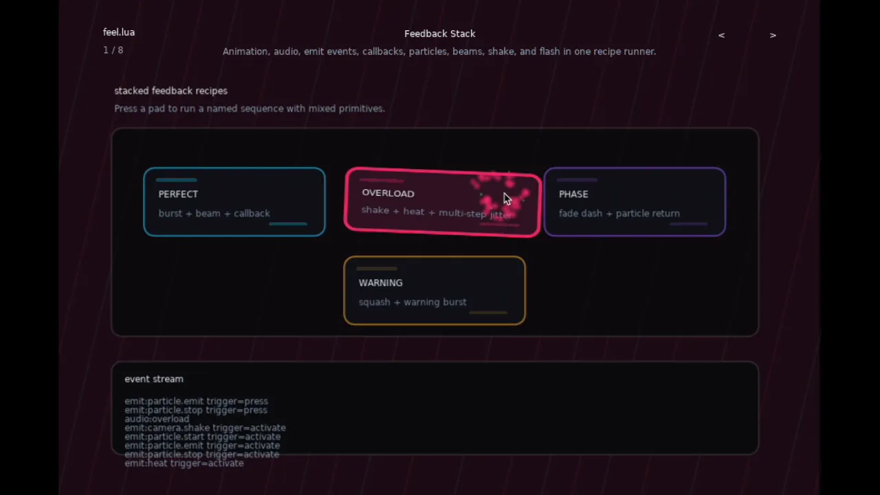 The feel.lua demo showing reusable feedback stacks with animation, particles, shake, audio and callbacks.