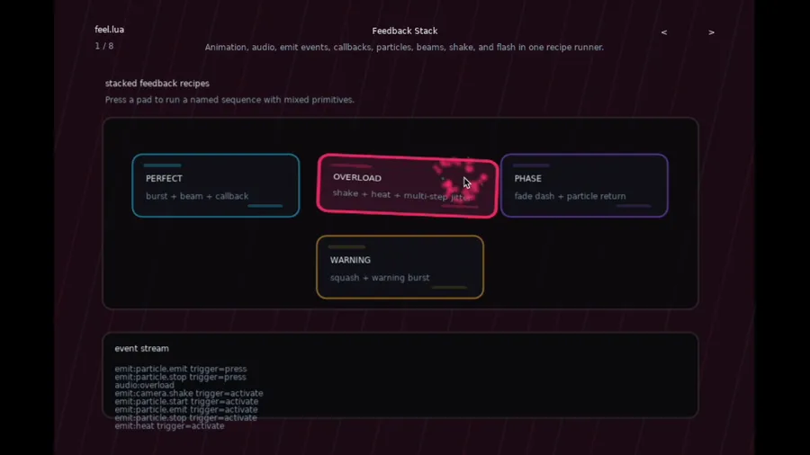 The feel.lua demo showing reusable feedback stacks with animation, particles, shake, audio and callbacks.