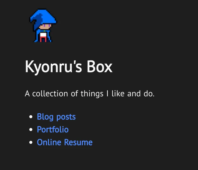 The Kyonru's Box personal website displayed in a dark browser window.
