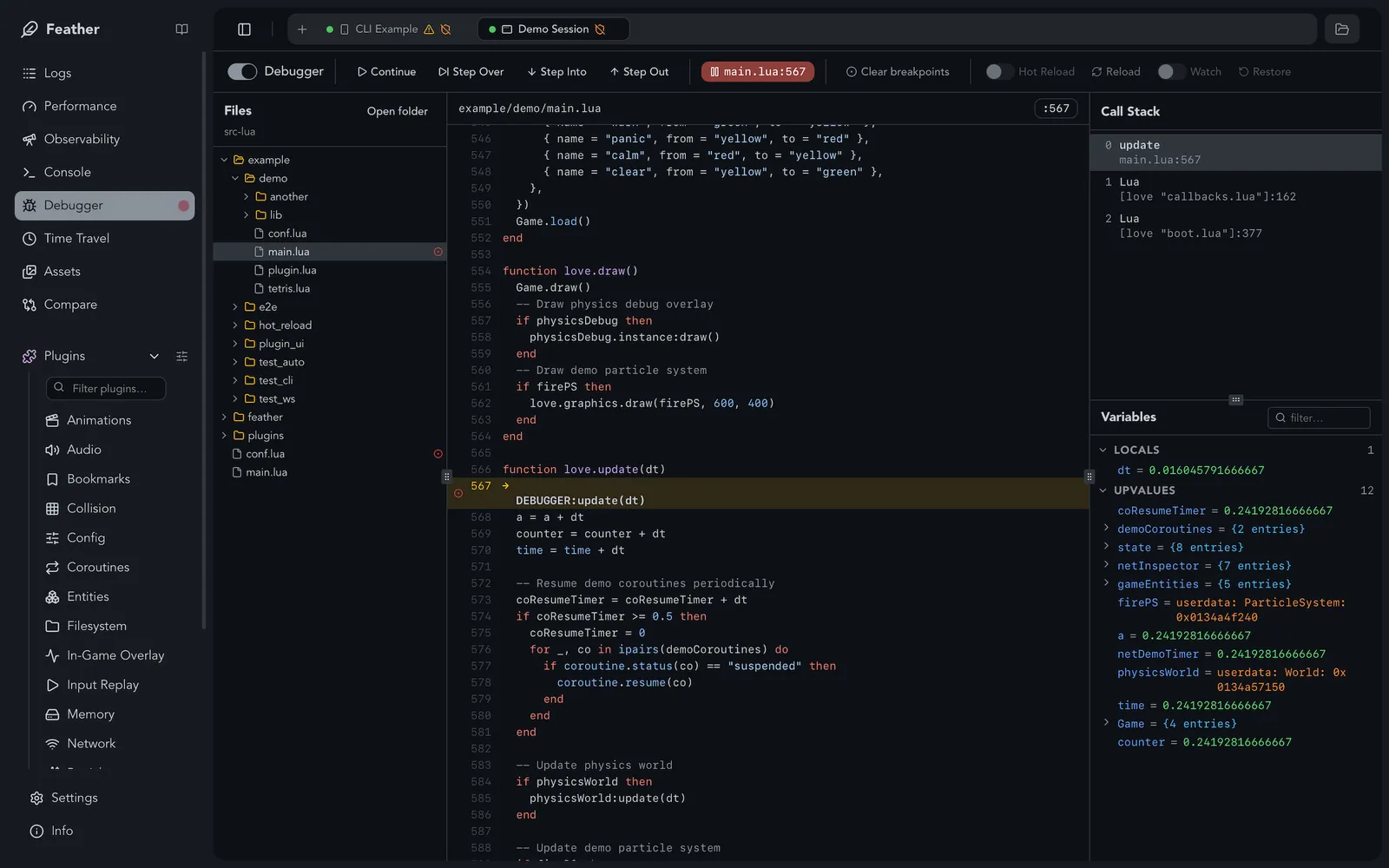 Feather's debugger showing Lua source code, a paused breakpoint, the call stack and live variables.