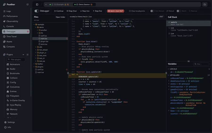 Feather's debugger showing Lua source code, a paused breakpoint, the call stack and live variables.