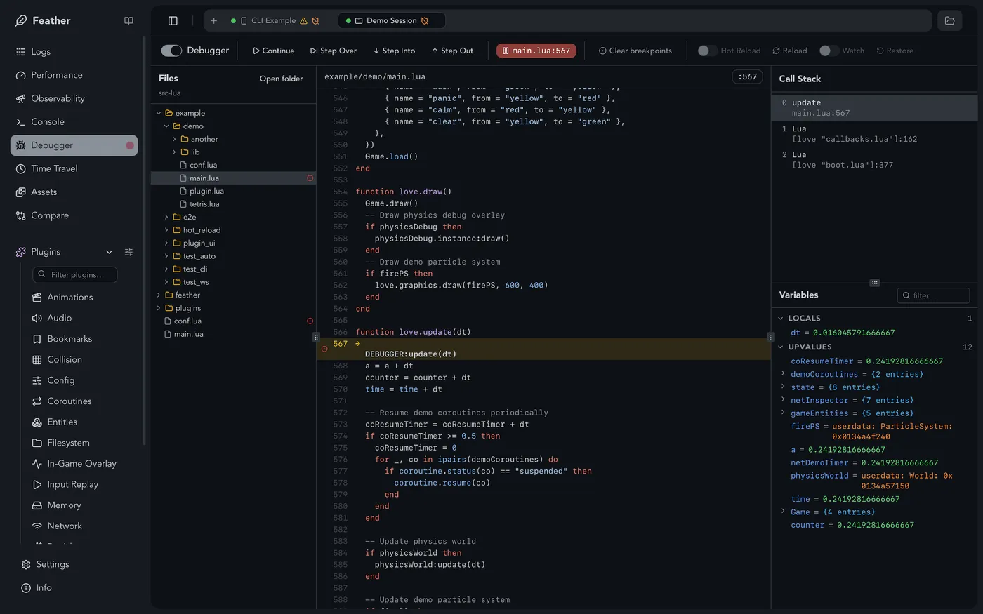 Feather's debugger showing Lua source code, a paused breakpoint, the call stack and live variables.