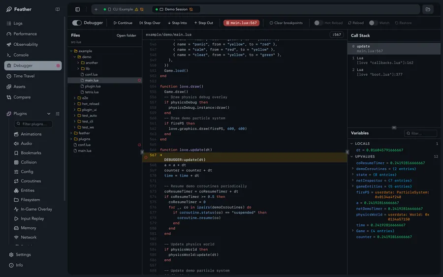 Feather's debugger showing Lua source code, a paused breakpoint, the call stack and live variables.