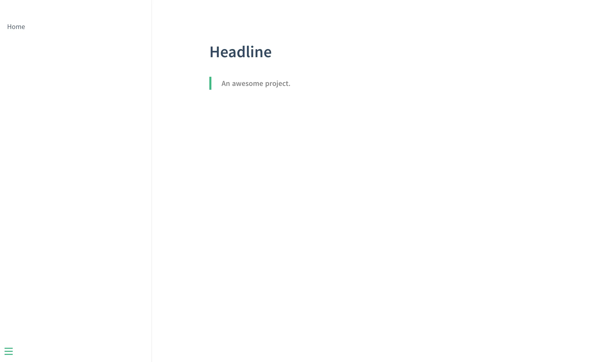 The initial Docsify site with a Home sidebar item, Headline heading, and short project description.