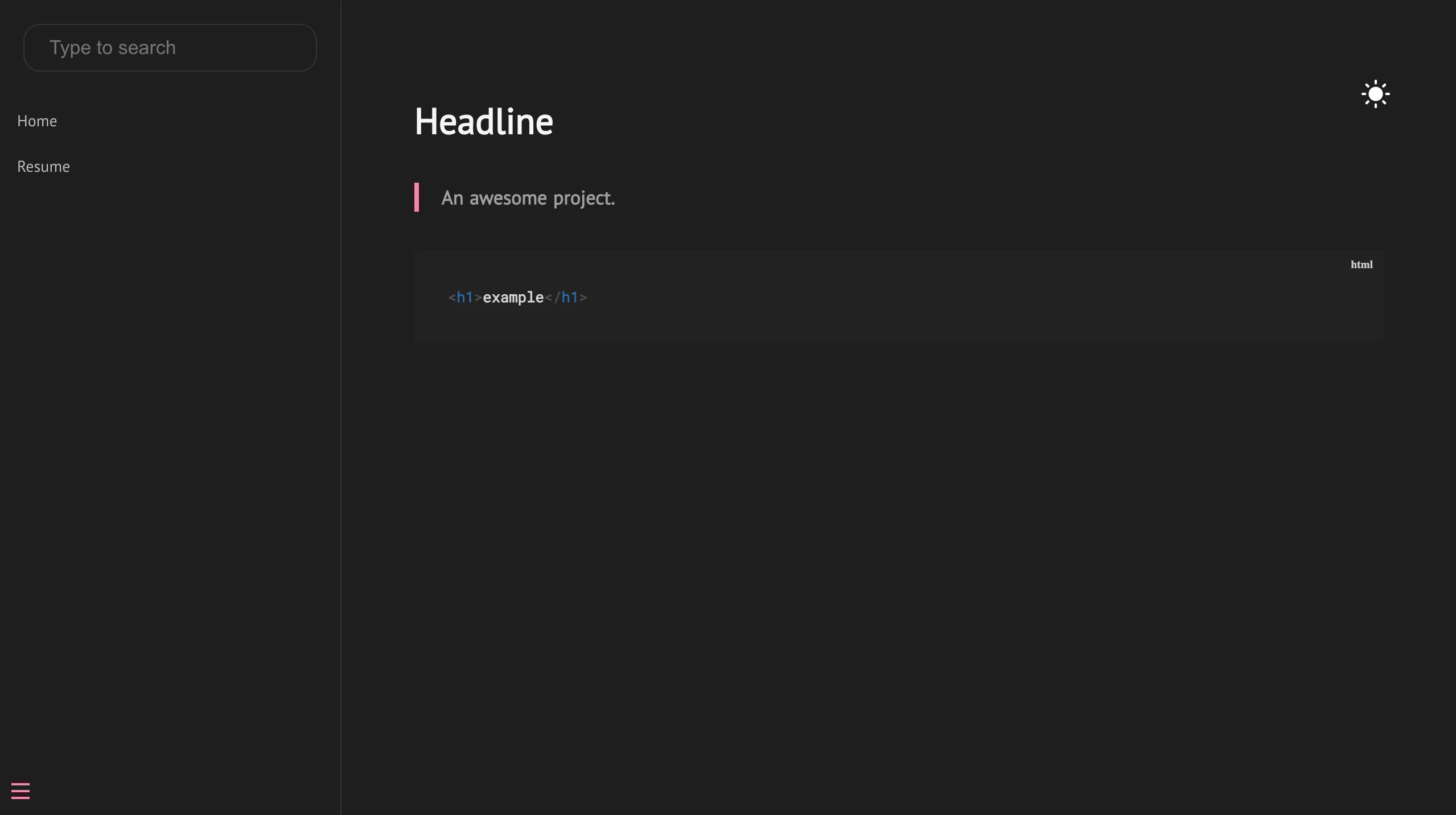 The customized Docsify portfolio using a dark background and bright pink accents.