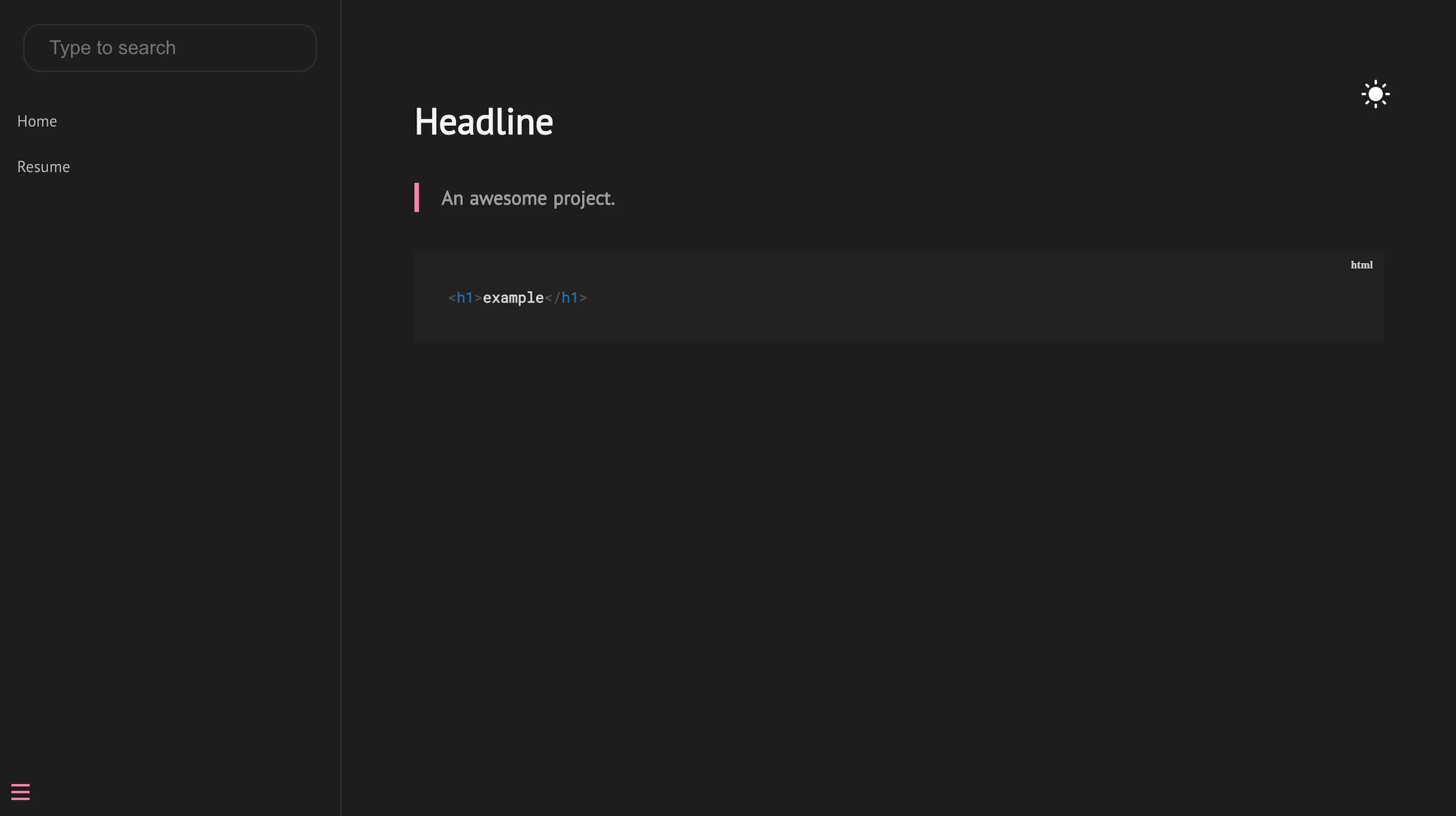 The customized Docsify portfolio using a dark background and bright pink accents.