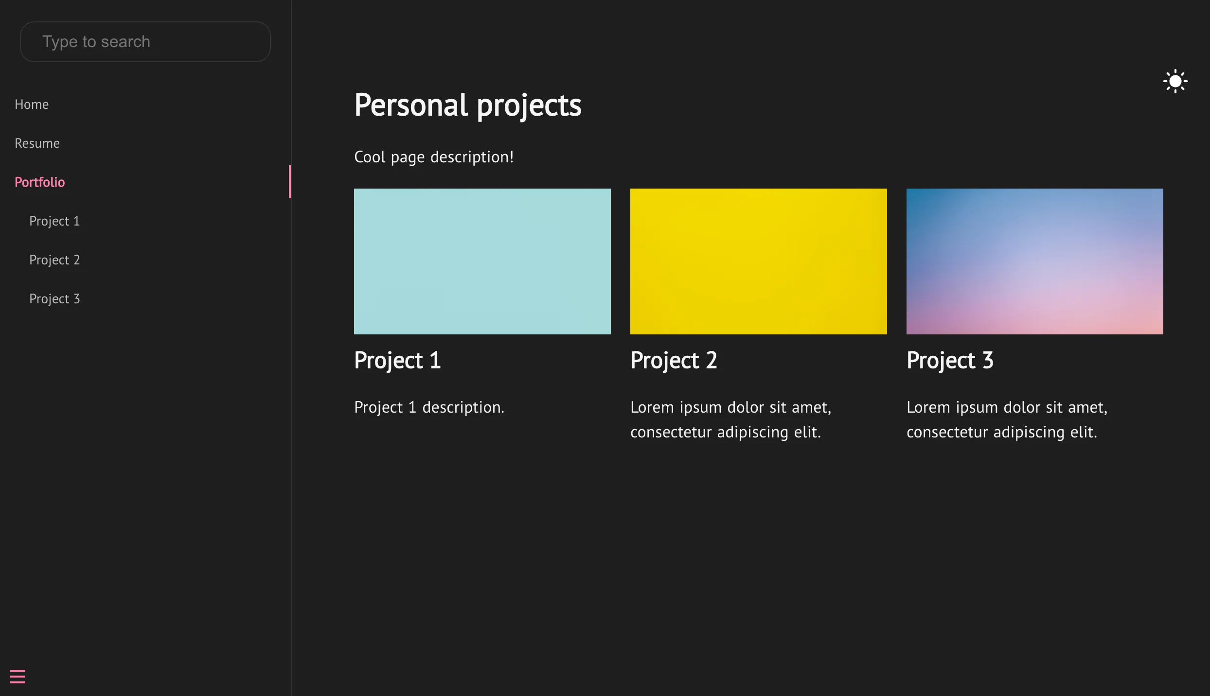 A dark Docsify portfolio page displaying three personal projects in a row.