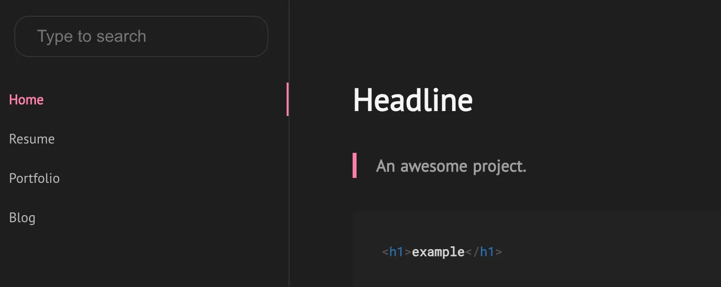 The dark Docsify site with generated Home, Resume, Portfolio, and Blog sections in its sidebar.