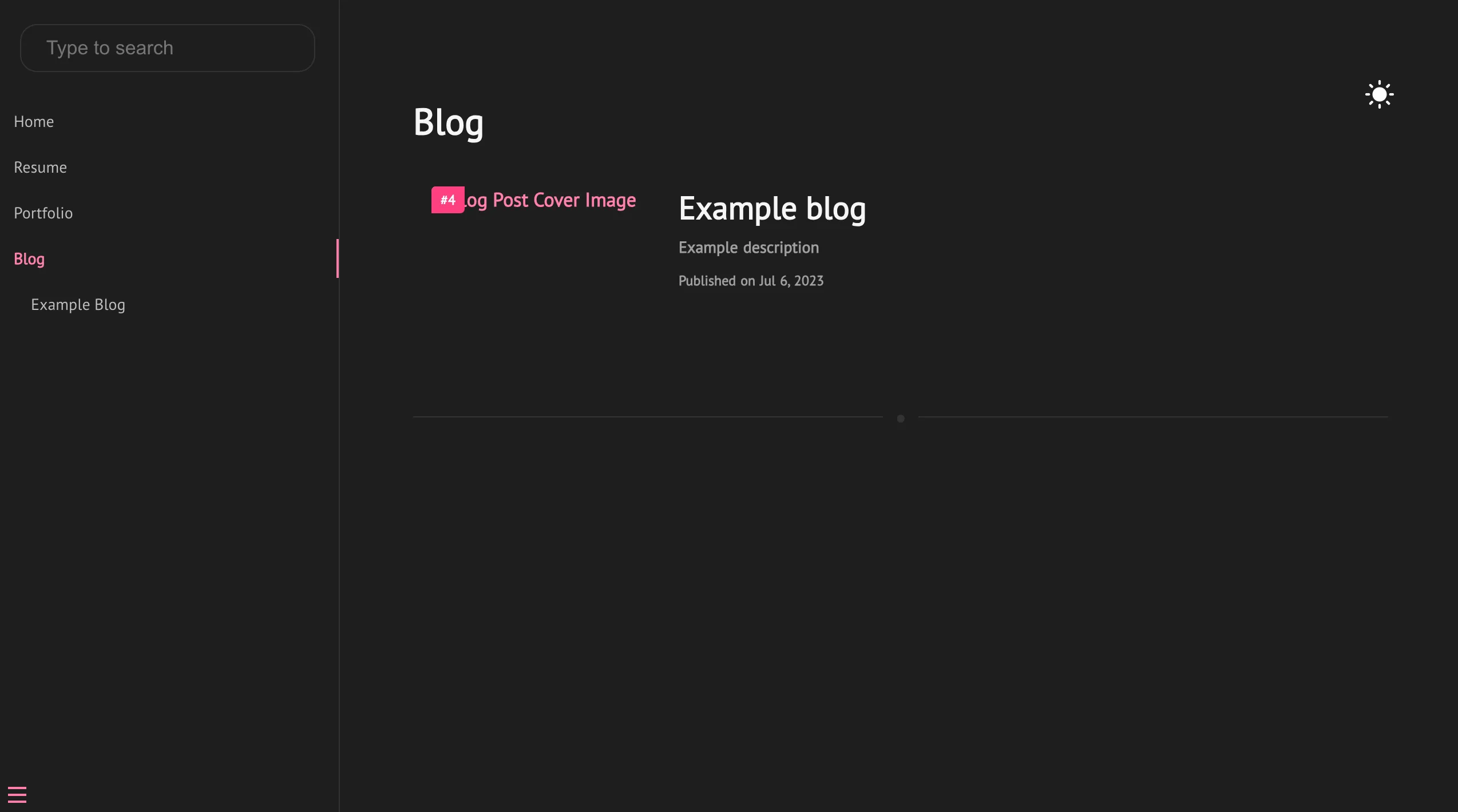 A generated dark Docsify blog index showing an example post and a nested Blog sidebar link.