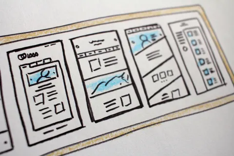 A close-up photograph of hand-drawn website wireframes on paper.