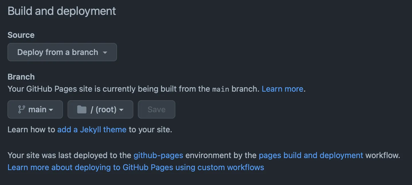 GitHub Pages build and deployment settings configured to deploy the main branch from the repository root.