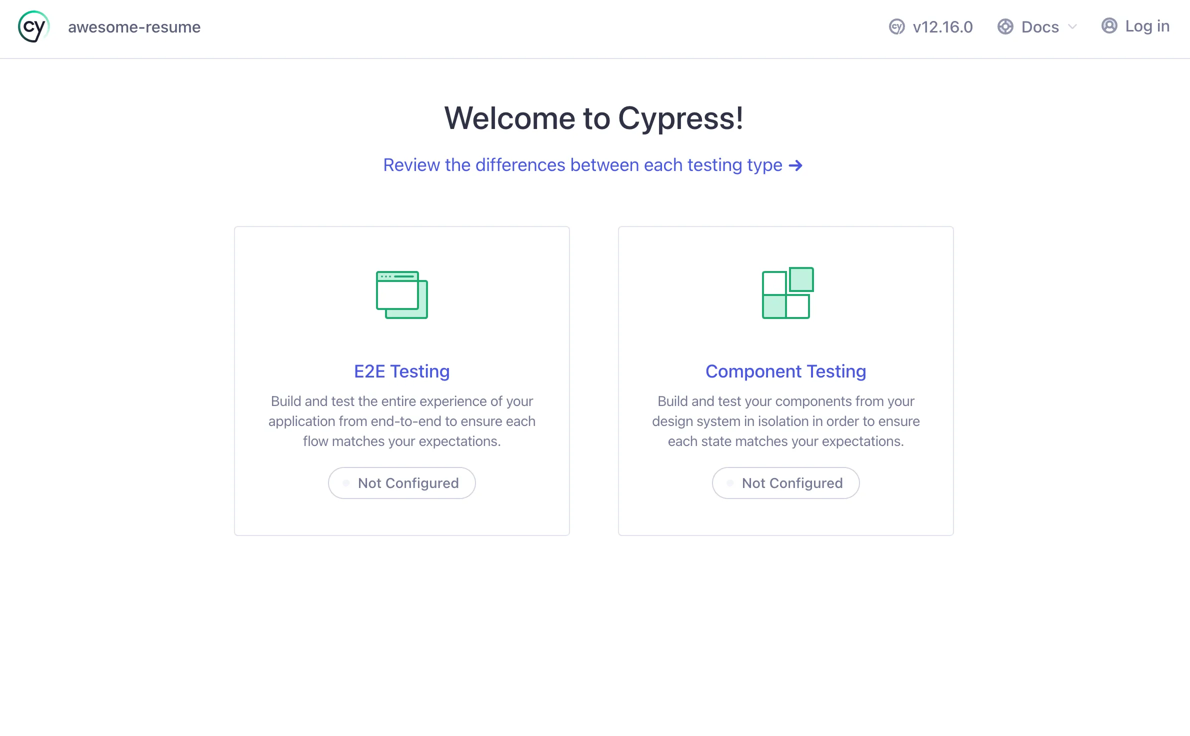 The Cypress welcome screen showing E2E Testing and Component Testing setup options.