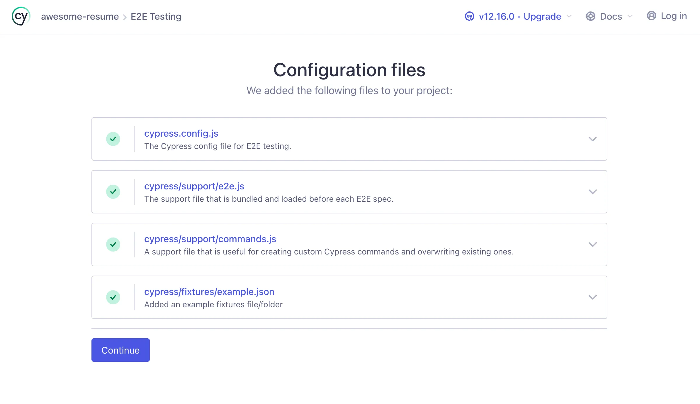 Cypress confirming the configuration and support files added for end-to-end testing.