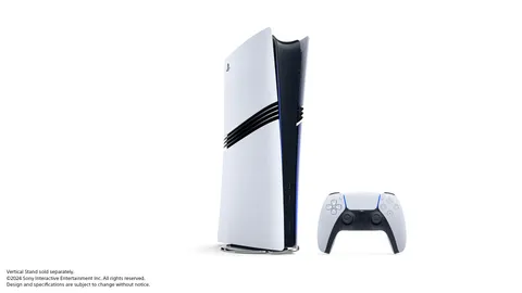 A PlayStation 5 Pro standing vertically beside a DualSense controller on a white background.
