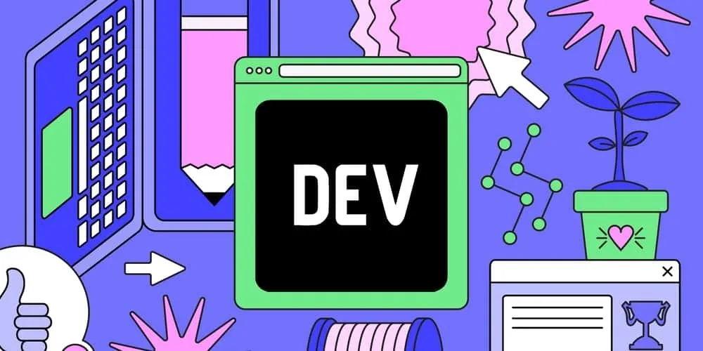 A colorful DEV Community illustration with a browser window, cursor, and interface elements.