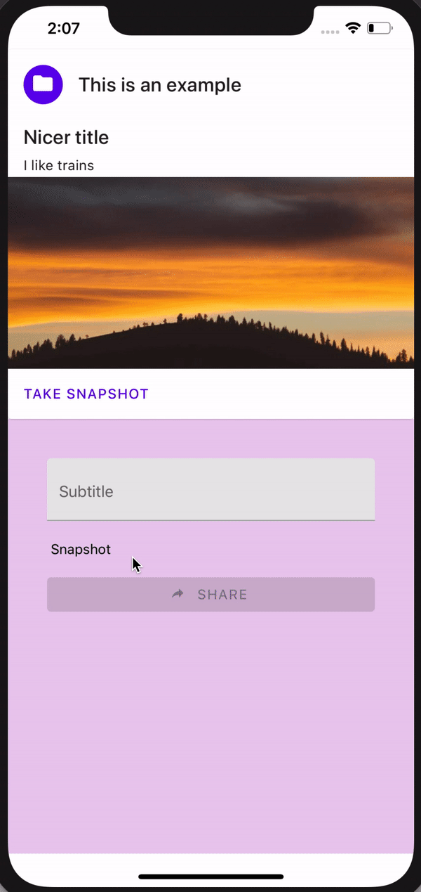 Animated iPhone demo showing a captured card image being sent through the native iOS share sheet.