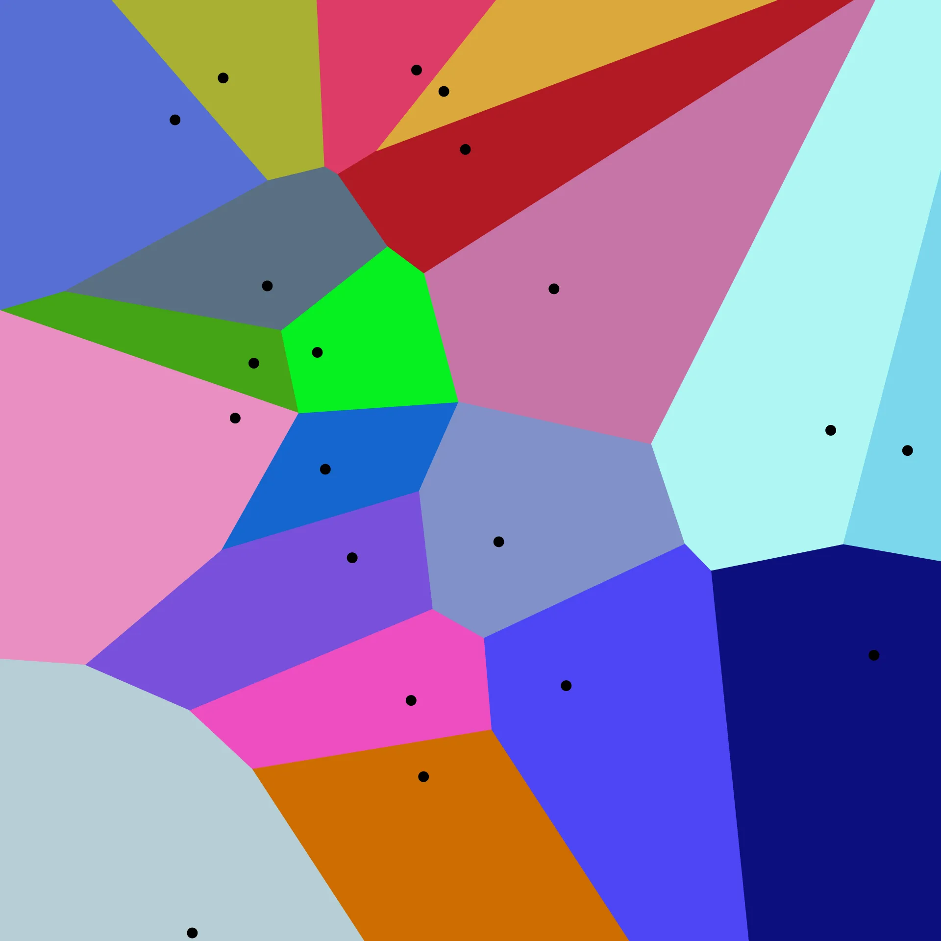A Voronoi diagram with black sites surrounded by irregular, brightly colored cells.