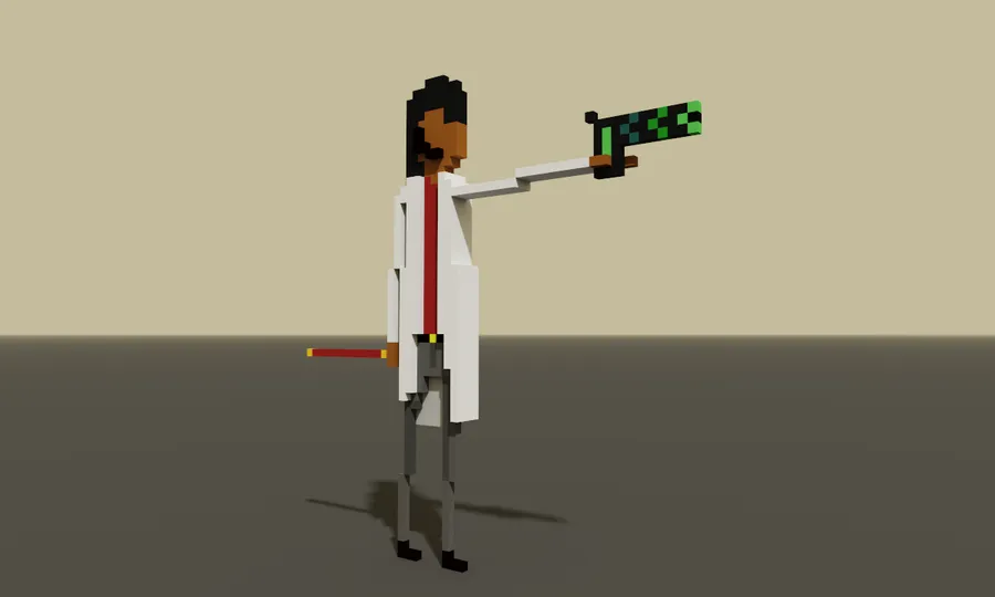 A blocky 3D character in a white coat holding a green rewind device.