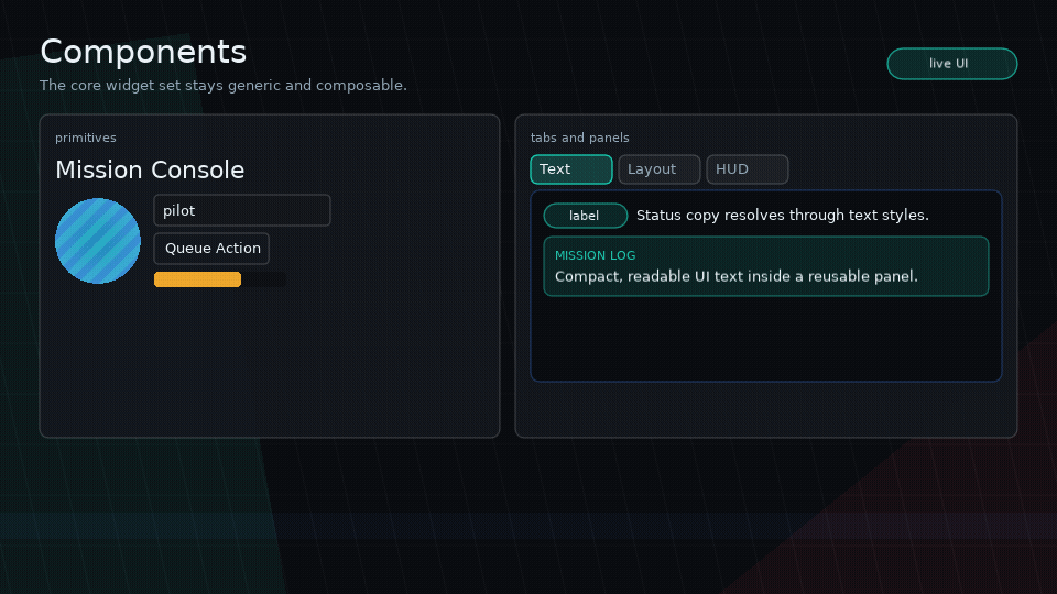 Animated GIF showing Glyph text, image, button, input, meter, tabs, and panel components.