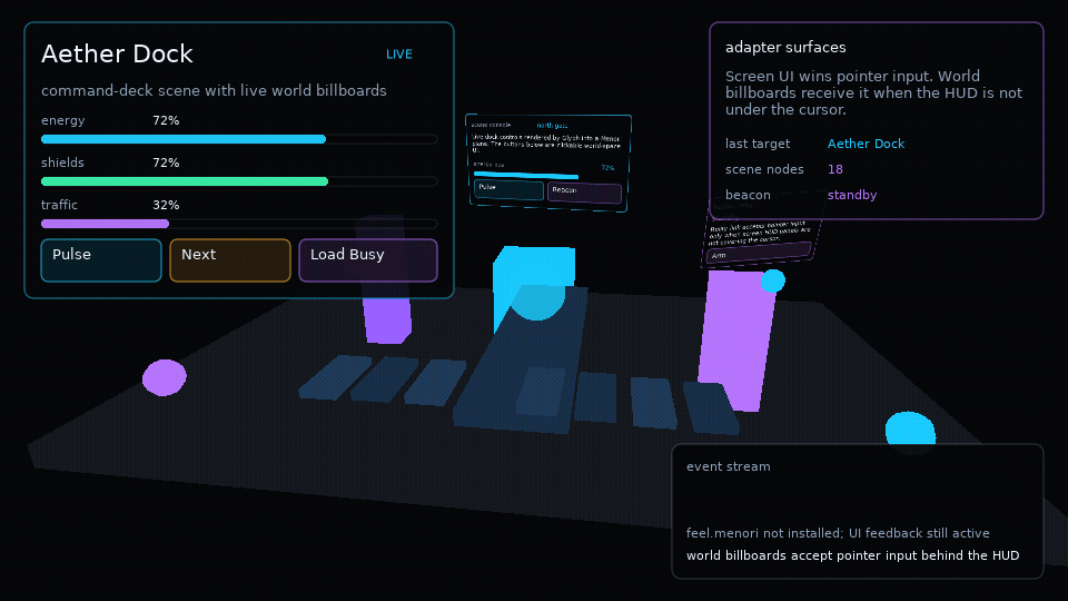 Animated GIF showing Glyph Menori scene transitions, loading overlay, HUD, and world-space billboard UI.