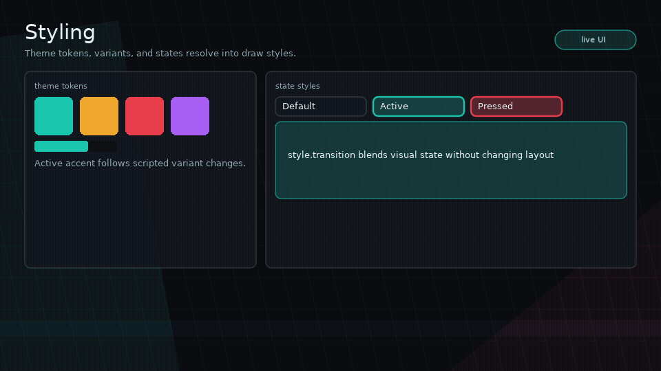Animated GIF showing Glyph theme colors, variants, and state styles.