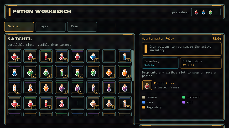Animated Glyph inventory example showing a potion being dragged between slots.